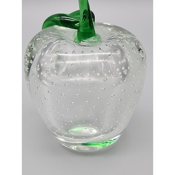 Art Glass Apple Bullicante Paperweight Clear Green Stem 4.5" Contolled Bubbles - Picture 9 of 12